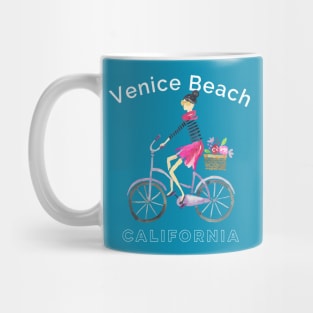 Venice Beach California Watercolor Bicycling French Girl Woman Mug